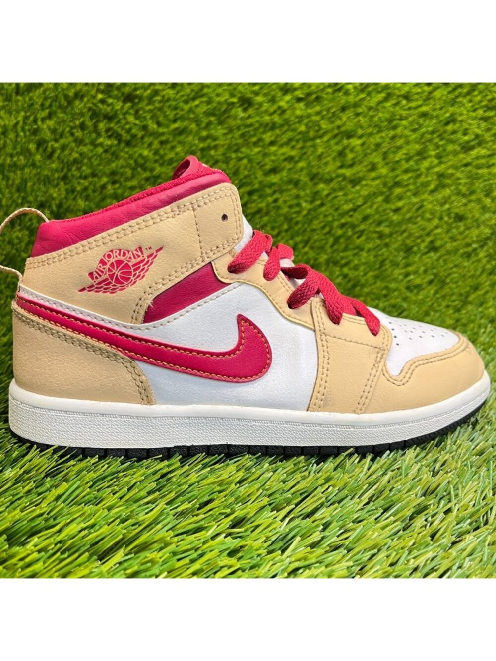Nike Air Jordan 1 Mid Boys Size 2Y Beige White Athletic Leather Shoes Sneakers